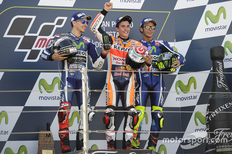 Podium: race winner Marc Marquez, Repsol Honda Team, second place Jorge Lorenzo, Yamaha Factory Racing, third place Valentino Rossi, Yamaha Factory Racing