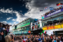 Lewis Hamilton, Mercedes-AMG F1, Sebastian Vettel, Ferrari and Kimi Raikkonen, Ferrari celebrate on the podium