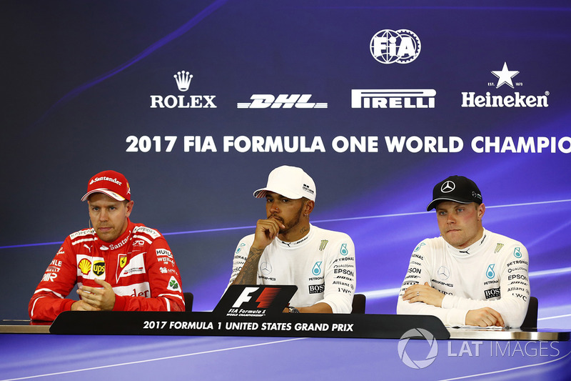 Lewis Hamilton, Mercedes AMG F1, in the press conference with Sebastian Vettel, Ferrari, Valtteri Bo
