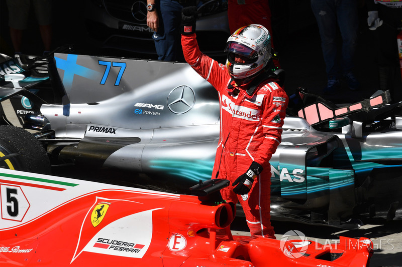 Race winner Sebastian Vettel, Ferrari SF70H celebrates in parc ferme