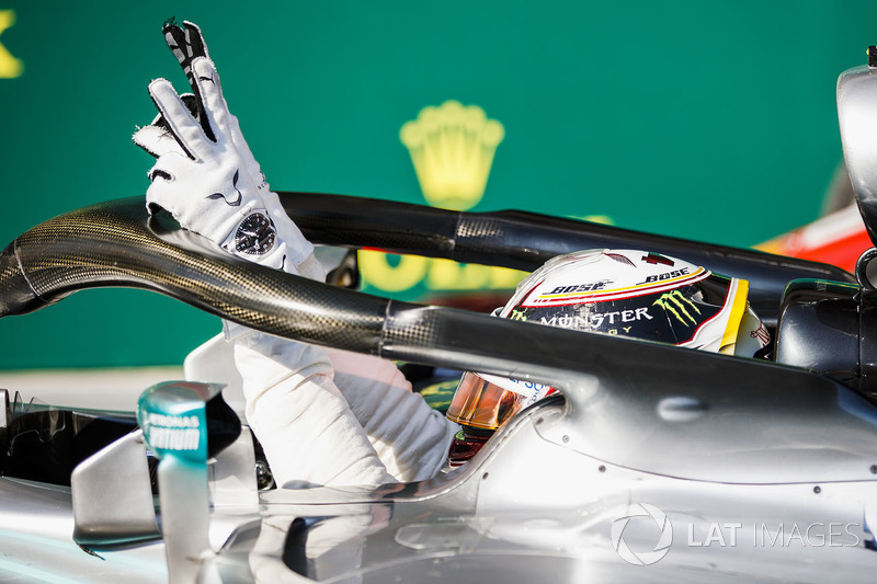 Lewis Hamilton, Mercedes AMG F1 W09 celebrates on cool down lap Zak Mauger