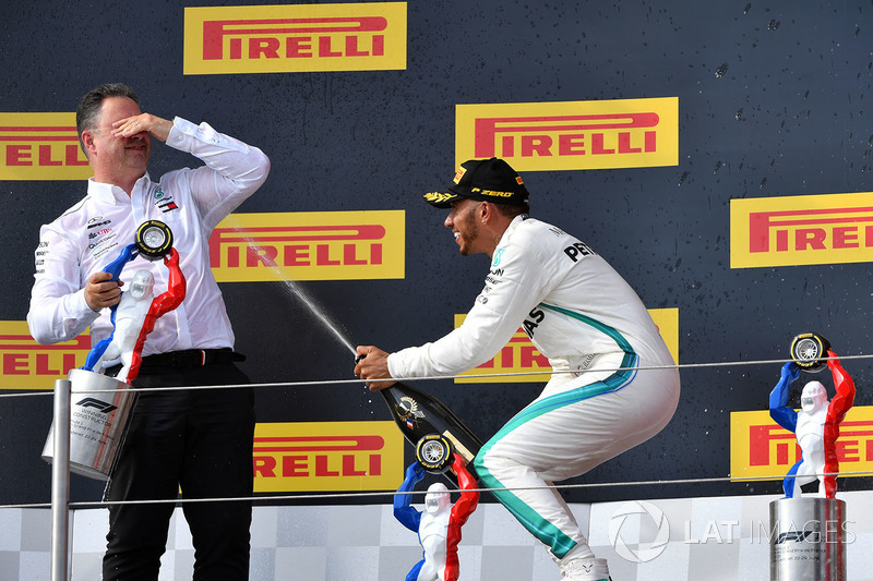 Lewis Hamilton, Mercedes-AMG F1 and Ron Meadows, Mercedes AMG F1 Team Manager celebrate on the podium with the champagne