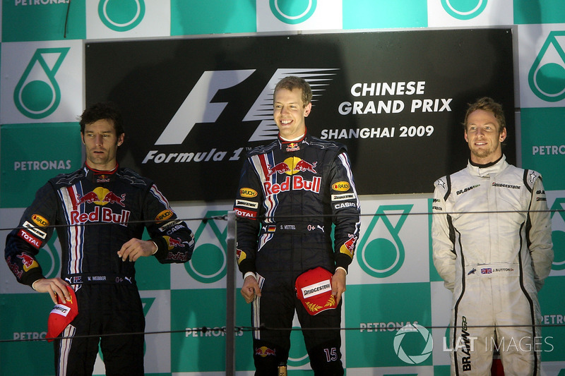 Mark Webber, Red Bull Racing, Sebastian Vettel, Red Bull Racing et Jenson Button, Brawn Grand Prix 