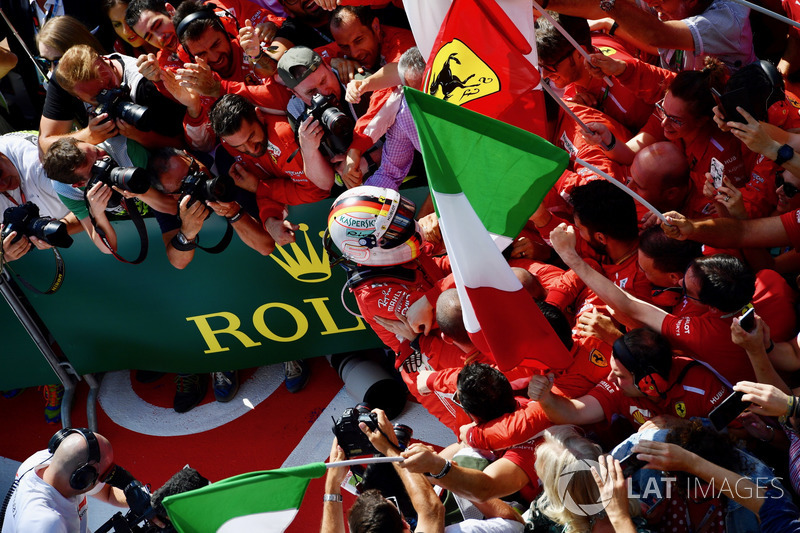 Race winner Sebastian Vettel, Ferrari celebrates in parc ferme