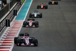 Sergio Perez, Force India VJM10, leads Esteban Ocon, Force India VJM10, and Felipe Massa, Williams F