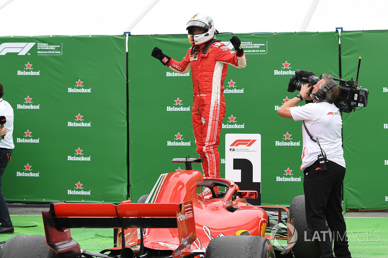 Sebastian Vettel, Ferrari SF71H celebra su triunfo en Canadá en parc ferme