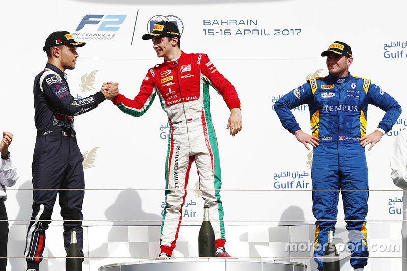 Podium: ganador, Charles Leclerc, PREMA Racing, segundo, Luca Ghiotto, RUSSIAN TIME, tercero, Oliver Rowland, DAMS
