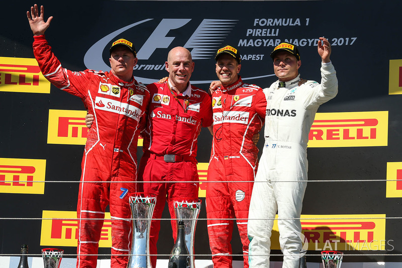 Podium: race winner Sebastian Vettel, Ferrari, second place Kimi Raikkonen, Ferrari, third place Valtteri Bottas, Mercedes AMG F1, Jock Clear, Ferrari Chief Engineer