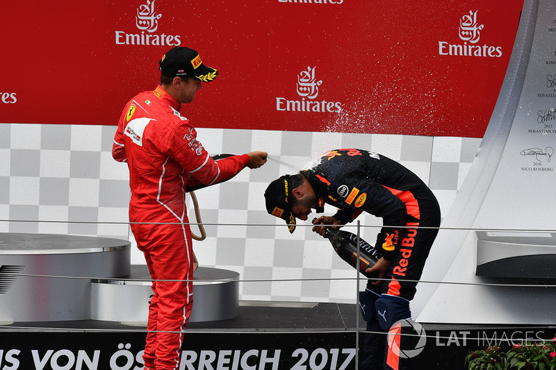 Sebastian Vettel, Ferrari, Daniel Ricciardo, Red Bull Racing celebrate on the podium