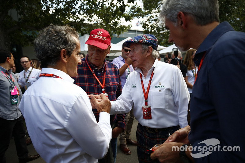 A meeting of past world champions Alain Prost, Niki Lauda, Sir Jackie Stewart, and Damon Hill