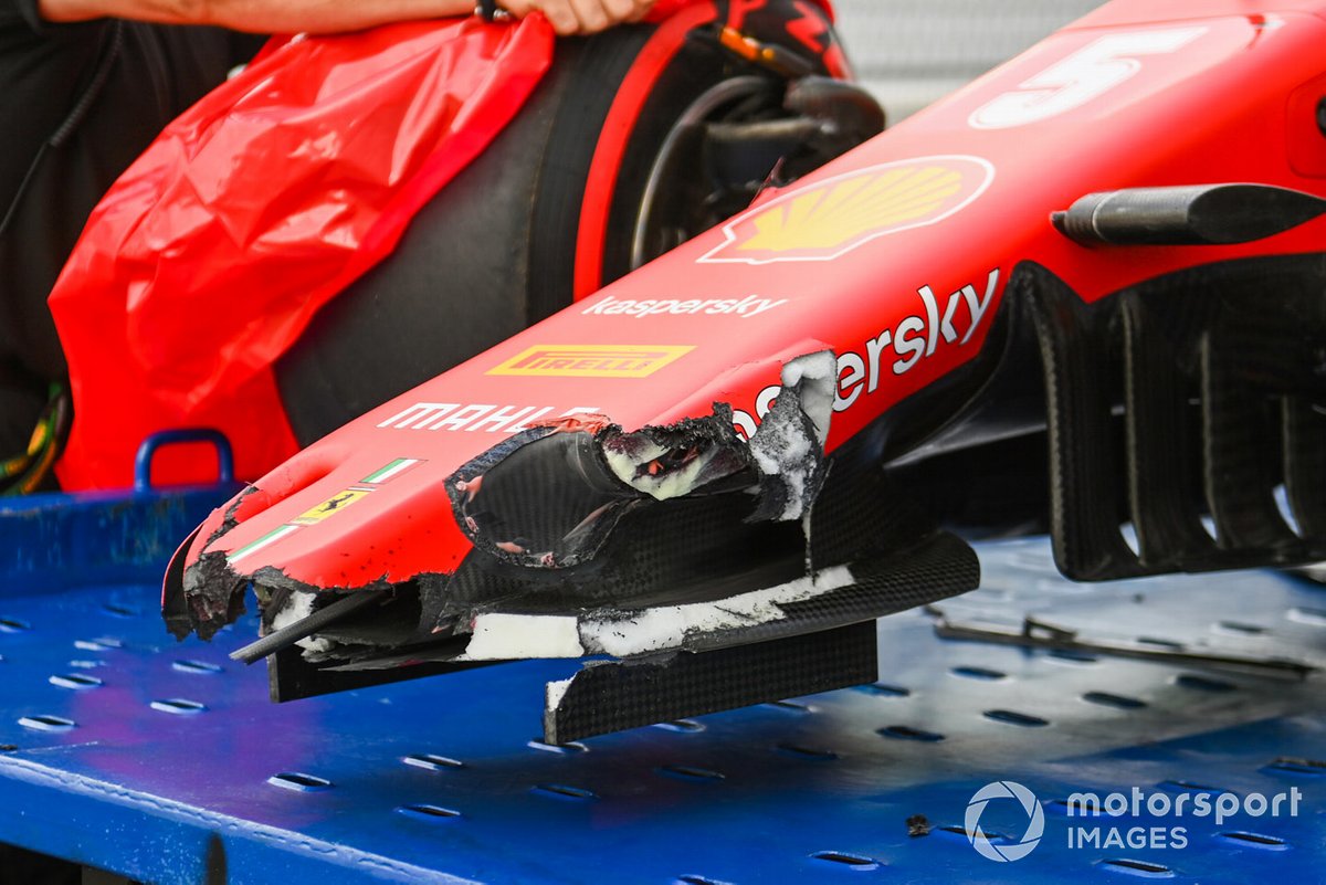 El monoplaza dañado de Sebastian Vettel, Ferrari SF1000