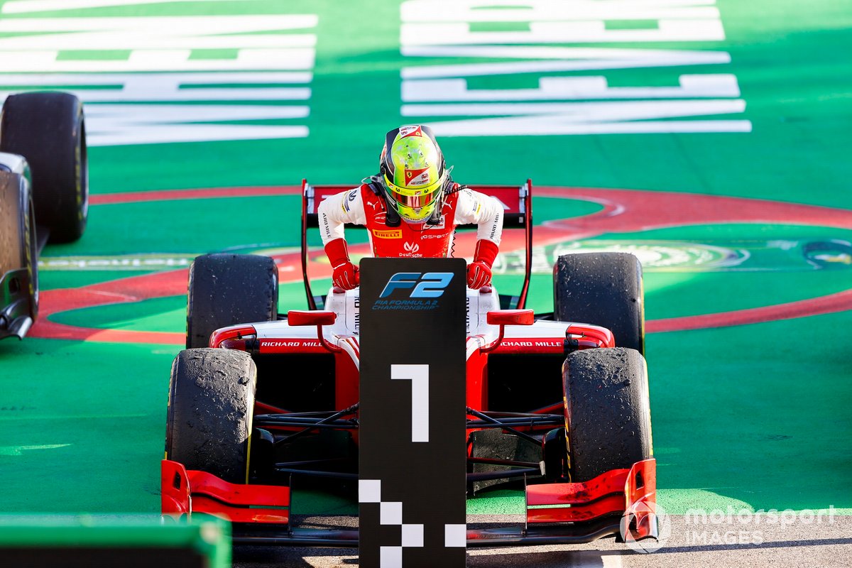 Race Winner Mick Schumacher, Prema Racing celebrates in Parc Ferme 