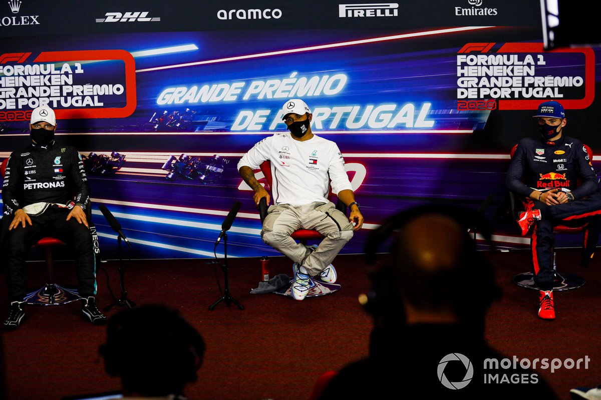 Valtteri Bottas, Mercedes-AMG F1, pole man Lewis Hamilton, Mercedes-AMG F1, and Max Verstappen, Red Bull Racing, in the post Qualifying Press Conference