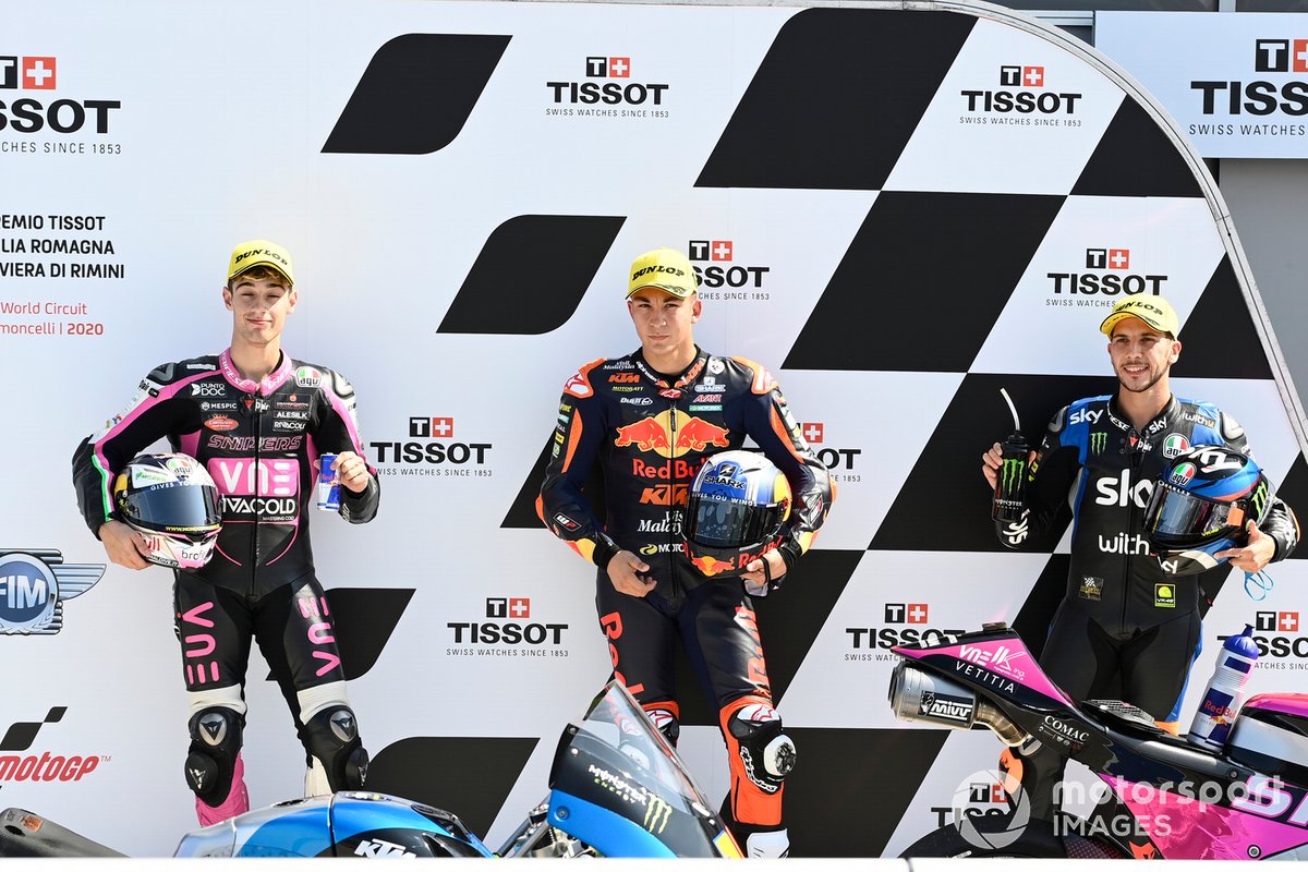Tony Arbolino, Snipers Team, Pole winner Raul Fernandez, Red Bull KTM Ajo, Andrea Migno, Sky Racing Team VR46