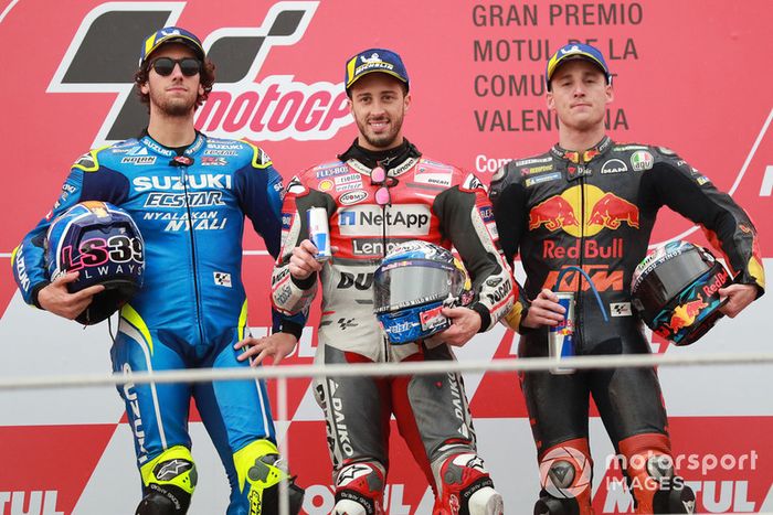 Podio: 1º Andrea Dovizioso, 2º Alex Rins, 3º, Pol Espargaro
