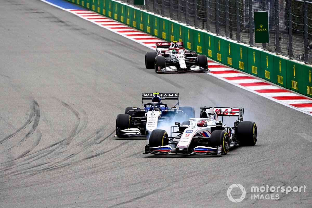 Nikita Mazepin, Haas VF-21, Nicholas Latifi, Williams FW43B, and Antonio Giovinazzi, Alfa Romeo Racing C41