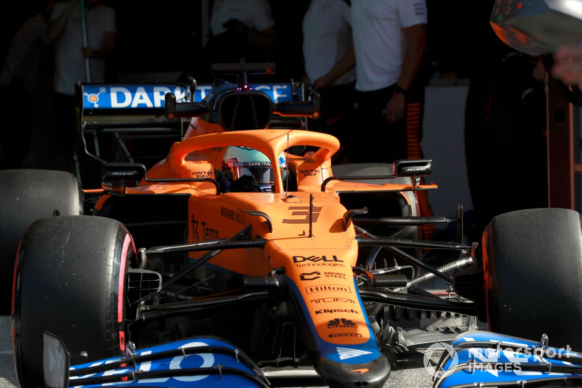 Daniel Ricciardo, McLaren MCL35M, leaves the garage