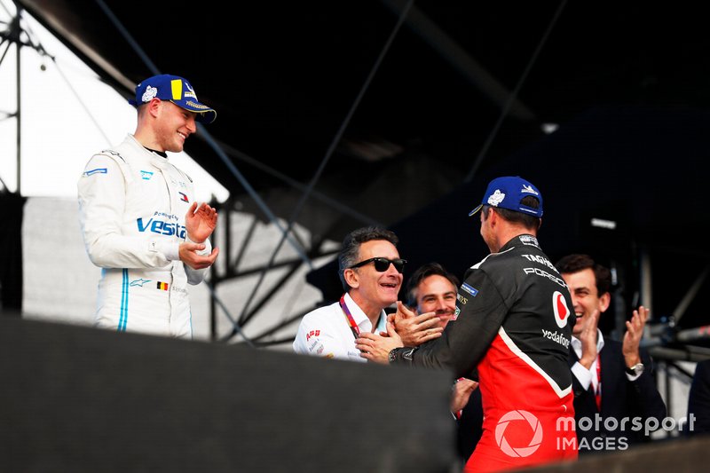 Stoffel Vandoorne, Mercedes Benz EQ, EQ Silver Arrow 01, Andre Lotterer, Porsche, Porsche 99x Electric, on the podium with Alejandro Agag, Chairman of Formula E