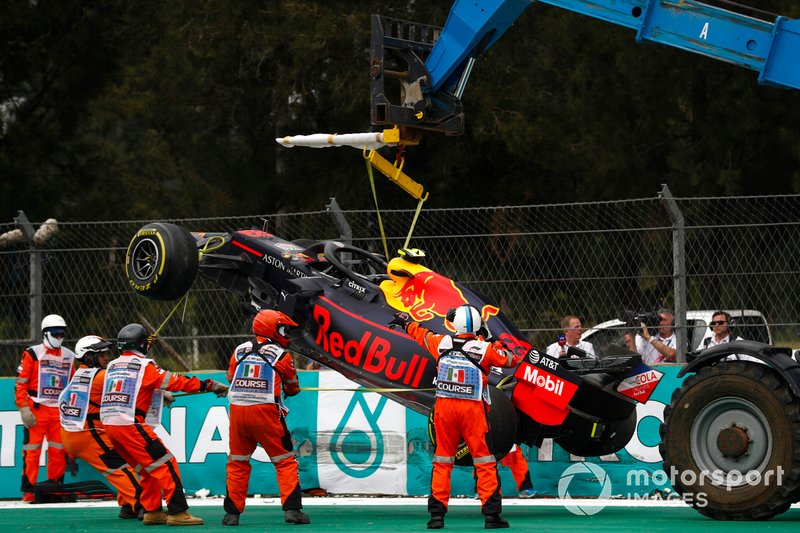 Car of Alex Albon, Red Bull RB15 being recovered after crashing in FP2