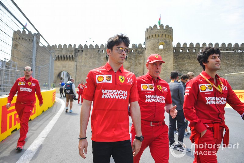 Charles Leclerc, Ferrari walks the track with his engineers and Jock Clear, Race Engineer, Ferrari