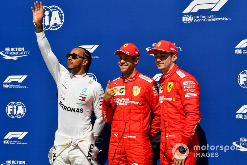 Top three Qualifiers Lewis Hamilton, Mercedes AMG F1, pole man Sebastian Vettel, Ferrari, and Charles Leclerc, Ferrari