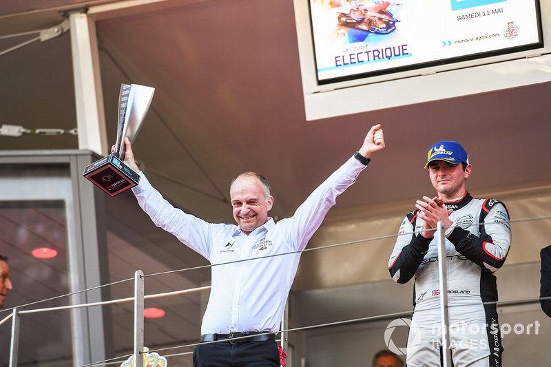 Xavier Mestelan Pinon, DS Performance Director celebrates victory with the constructor's trophy on the podium