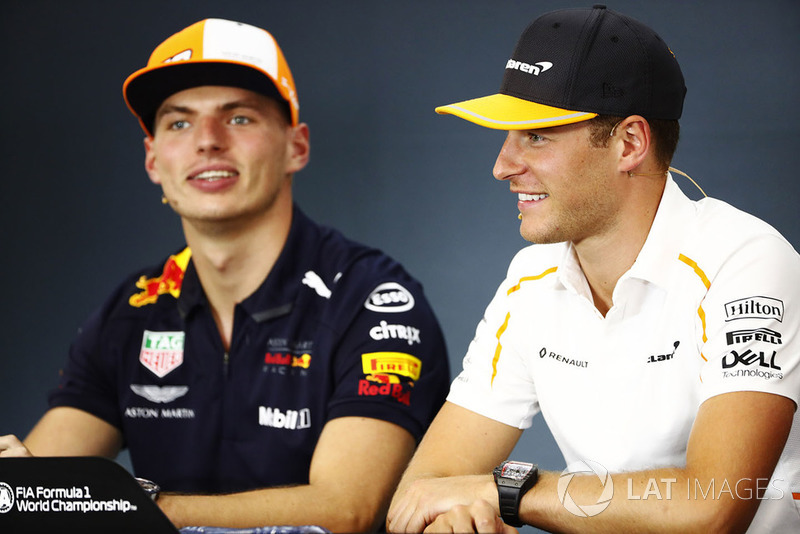 Stoffel Vandoorne, McLaren, and Max Verstappen, Red Bull Racing, in the Thursday press conference