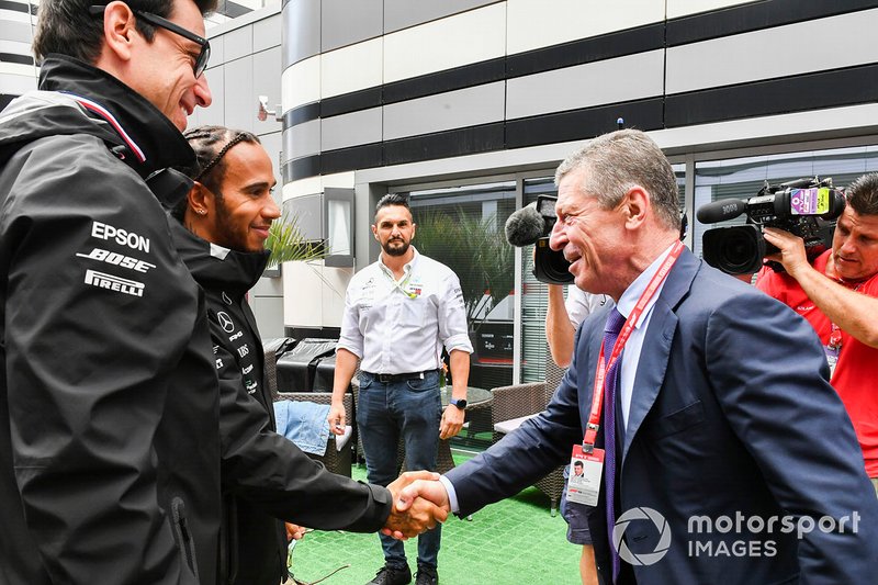 Dmitry Kozak, Deputy Prime Minister of Russian Federation, meets Toto Wolff, Executive Director (Business), Mercedes AMG, and Lewis Hamilton, Mercedes AMG F1