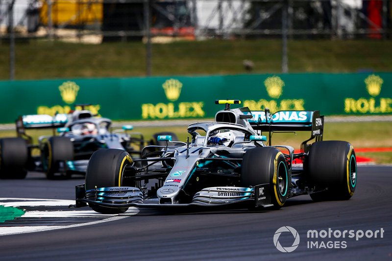 Valtteri Bottas, Mercedes AMG W10, leads Lewis Hamilton, Mercedes AMG F1 W10