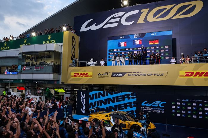 Podium: Race winner #35 Alpine Endurance Team Alpine A424: Paul-Loup Chatin, Ferdinand Habsburg, Charles Milesi, second place #93 Peugeot Totalenergies Peugeot 9X8: Paul Di Resta, Mikkel Jensen, Jean-Eric Vergne, third place #6 Porsche Penske Motorsport P