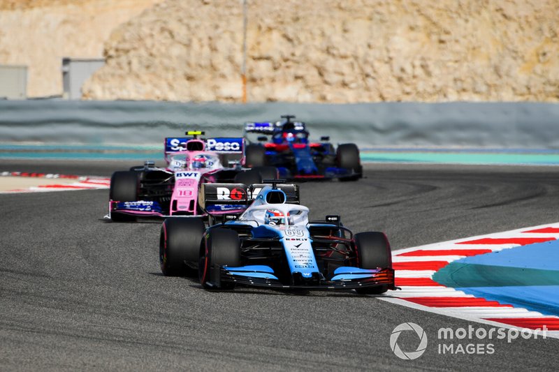 George Russell, Williams Racing FW42, Lance Stroll, Racing Point RP19, y Daniil Kvyat, Toro Rosso STR14