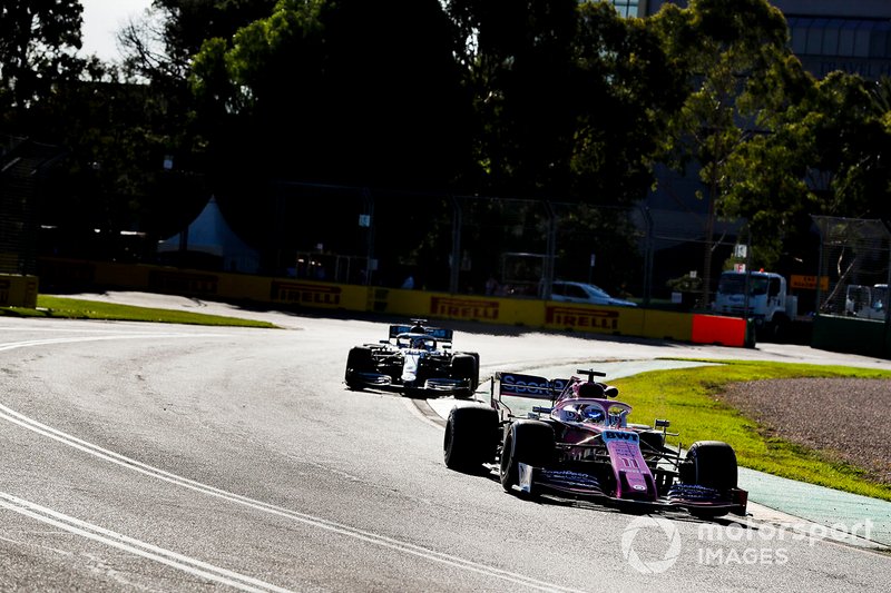 Sergio Perez, Racing Point RP19, leads Lewis Hamilton, Mercedes AMG F1 W10