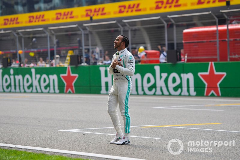 Lewis Hamilton, Mercedes AMG F1, 1st position, celebrates with the crowd after the race