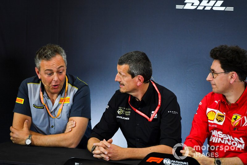 Mario Isola, Racing Manager, Pirelli Motorsport, Guenther Steiner, Team Principal, Haas F1, and Mattia Binotto, Team Principal Ferrari, in the team principals Press Conference