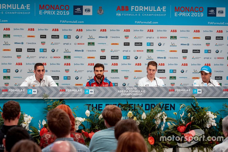Sébastien Buemi, Nissan e.Dams, Jérôme d'Ambrosio, Mahindra Racing, Stoffel Vandoorne, HWA Racelab, Felipe Massa, Venturi Formula E, durante la conferenza stampa