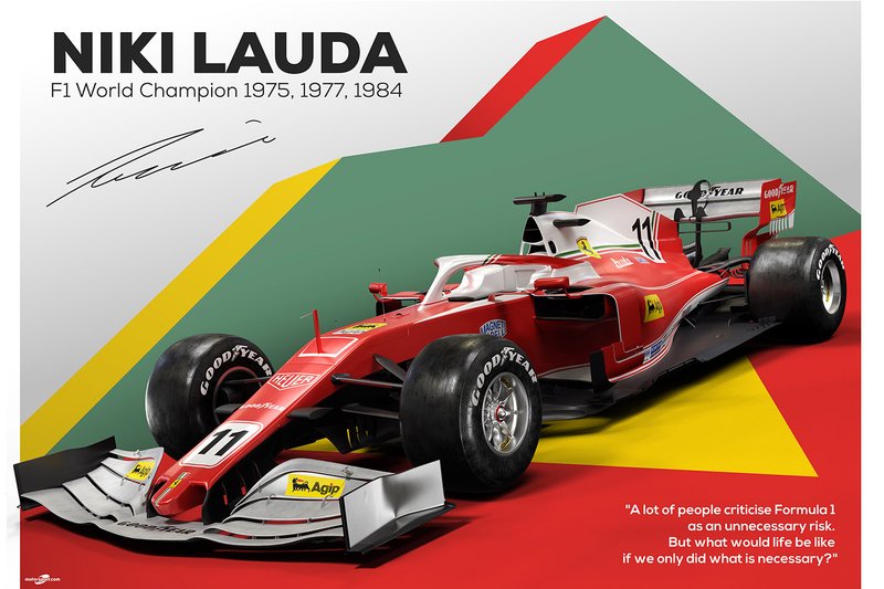 Niki Lauda tribute poster featuring the 2019 Ferrari SF90 with a classic livery