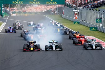 Max Verstappen, Red Bull Racing RB15, Valtteri Bottas, Mercedes AMG W10, Lewis Hamilton, Mercedes AMG F1 W10 en Sebastian Vettel, Ferrari SF90