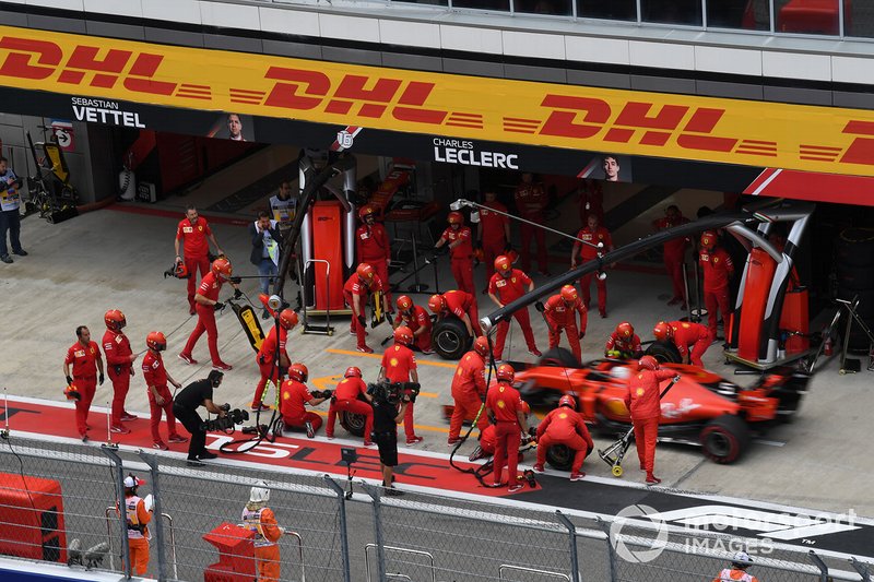 Sebastian Vettel, Ferrari SF90, in the pits during practice