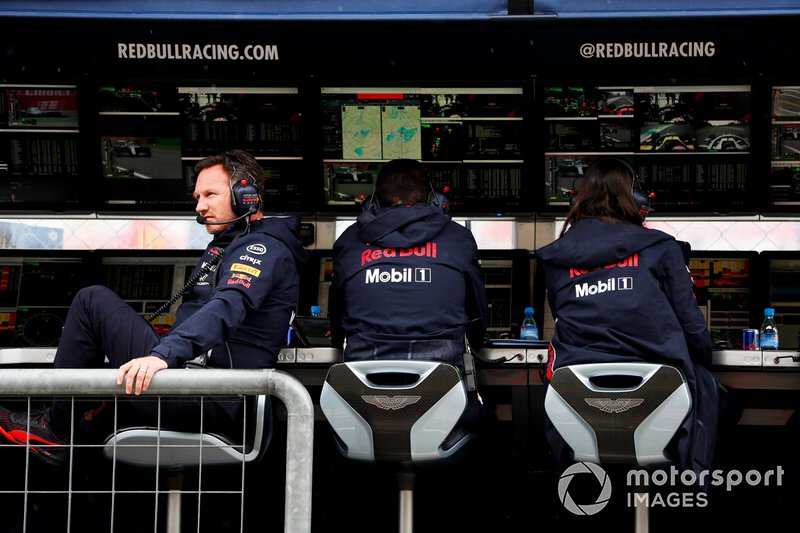Christian Horner, Team Principal, Red Bull Racing, on the pit wall