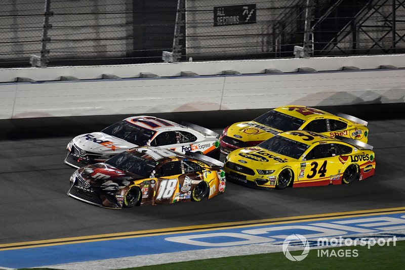 Kyle Busch, Joe Gibbs Racing, Toyota Camry M&M's Chocolate Bar, Denny Hamlin, Joe Gibbs Racing, Toyota Camry FedEx Express, Michael McDowell, Front Row Motorsports, Ford Mustang Love's Travel Stops, and Joey Logano, Team Penske, Ford Mustang Shell Pennzoil