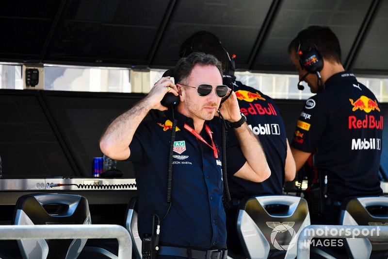 Christian Horner, Team Principal, Red Bull Racing, on the pit wall
