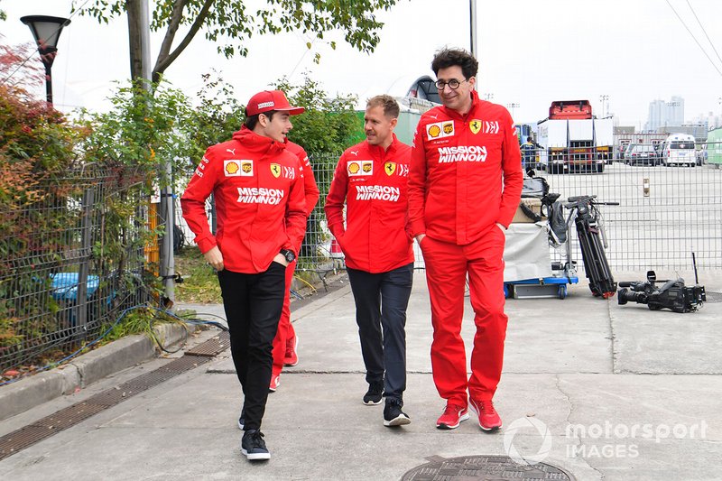 Charles Leclerc, Ferrari, Sebastian Vettel, Ferrari and Mattia Binotto, Team Principal Ferrari