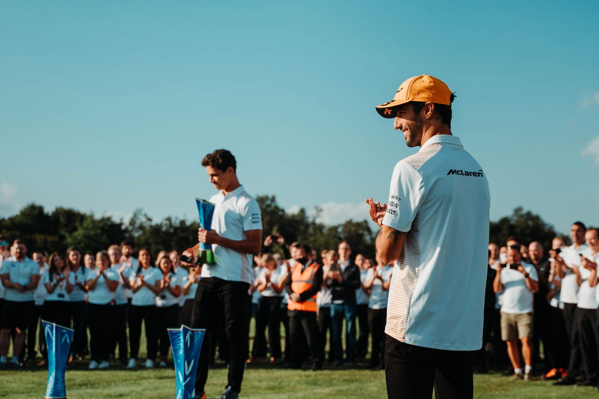 Daniel Ricciardo, McLaren, Lando Norris, McLaren celebrate with team members