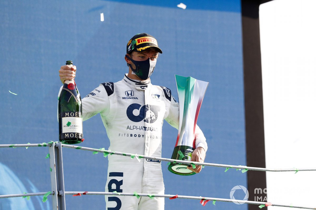 Pierre Gasly, AlphaTauri, 1st position, on the podium with his trophy and Champagne