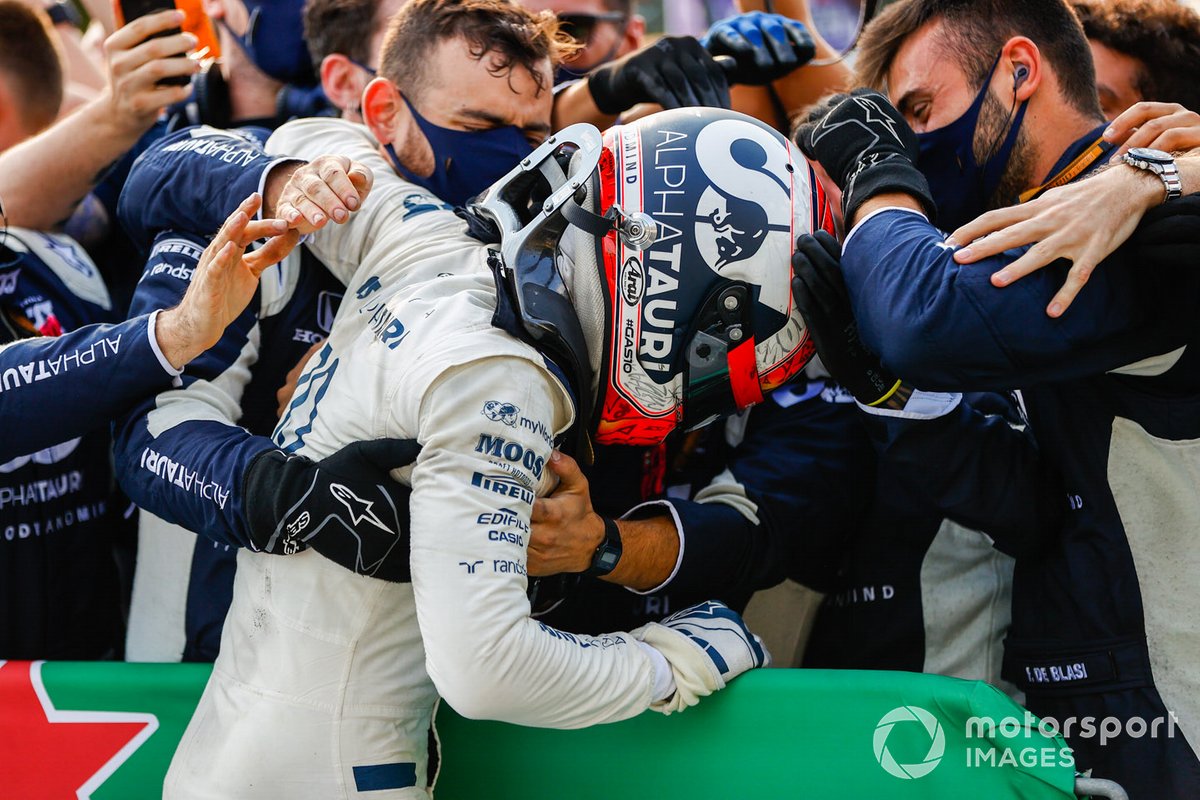 Pierre Gasly, AlphaTauri, 1st position, celebrates with his team in Parc Ferme