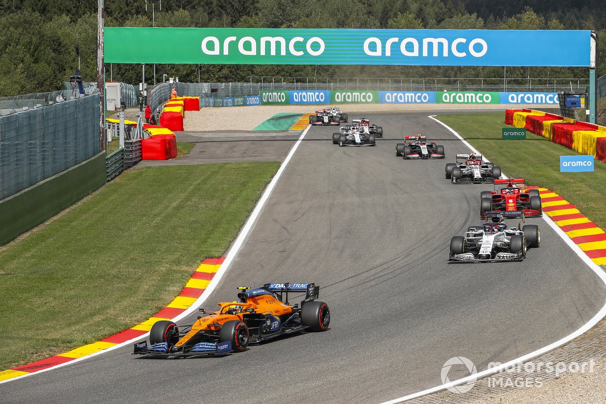 Lando Norris, McLaren MCL35, Daniil Kvyat, AlphaTauri AT01, Sebastian Vettel, Ferrari SF1000, Antonio Giovinazzi, Alfa Romeo Racing C39