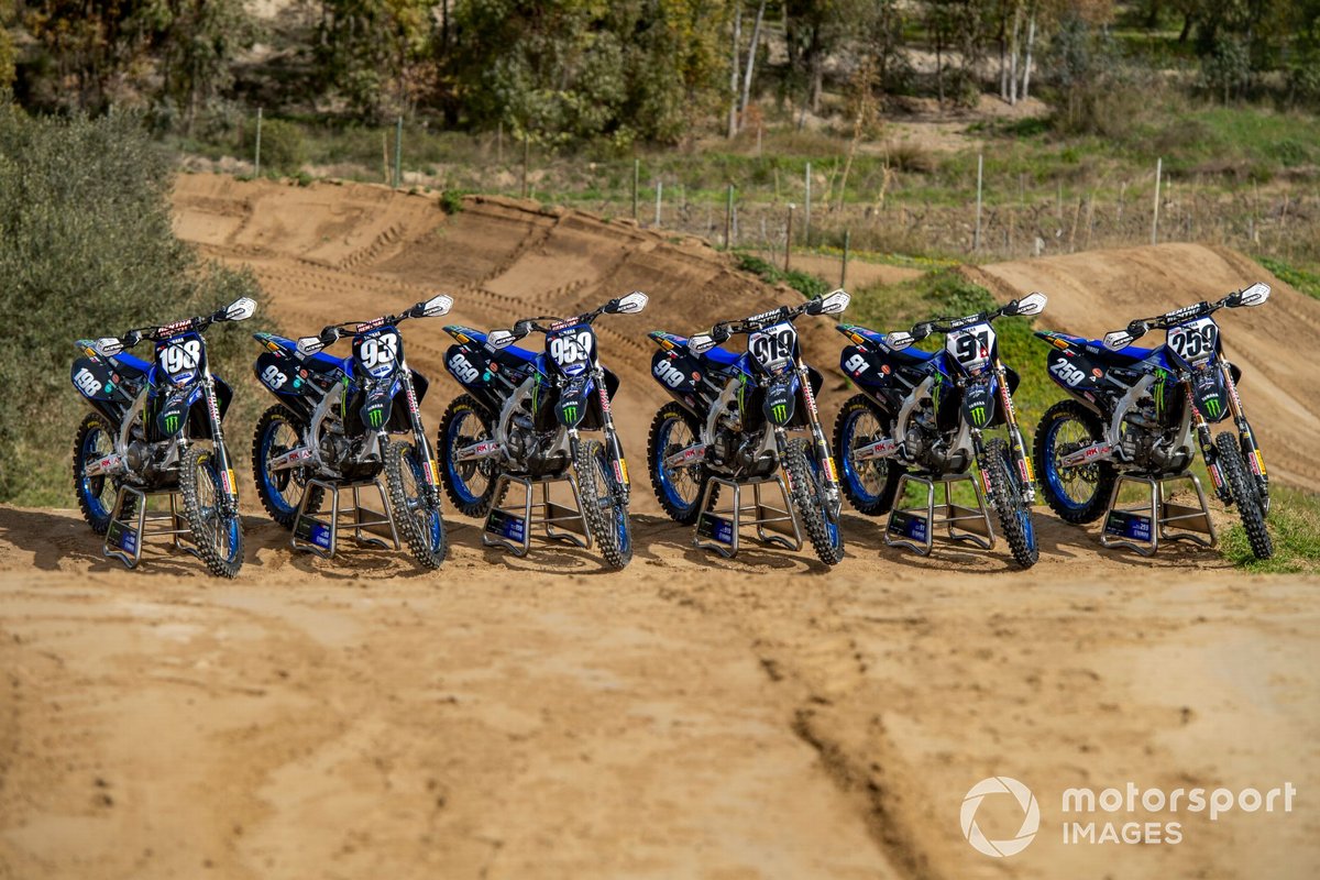 Van links naar rechts: de motoren van Thibault Benistant, Jago Geerts, Maxime Renaux, Ben Watson, Jeremy Seewer en Glenn Coldenhoff, Monster Energy Yamaha Factory Racing