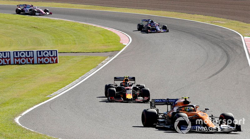 Lando Norris, McLaren MCL34, precede Alex Albon, Red Bull RB15, e Lance Stroll, Racing Point RP19