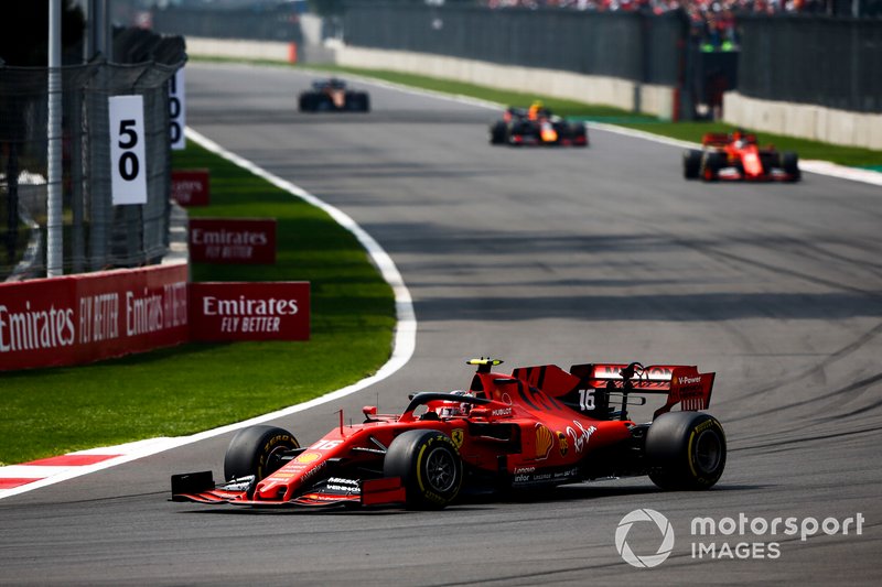 Charles Leclerc, Ferrari SF90, leads Sebastian Vettel, Ferrari SF90