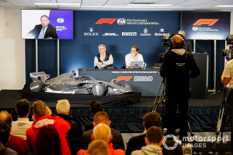 Ross Brawn, Managing Director of Motorsports, FOM, Chase Carey, Chairman, Formula 1 and Nikolaz Tombazi unveil the 2021 Formula 1 regulations in a press conference. Jean Todt, President, FIA, speaks via a video feed